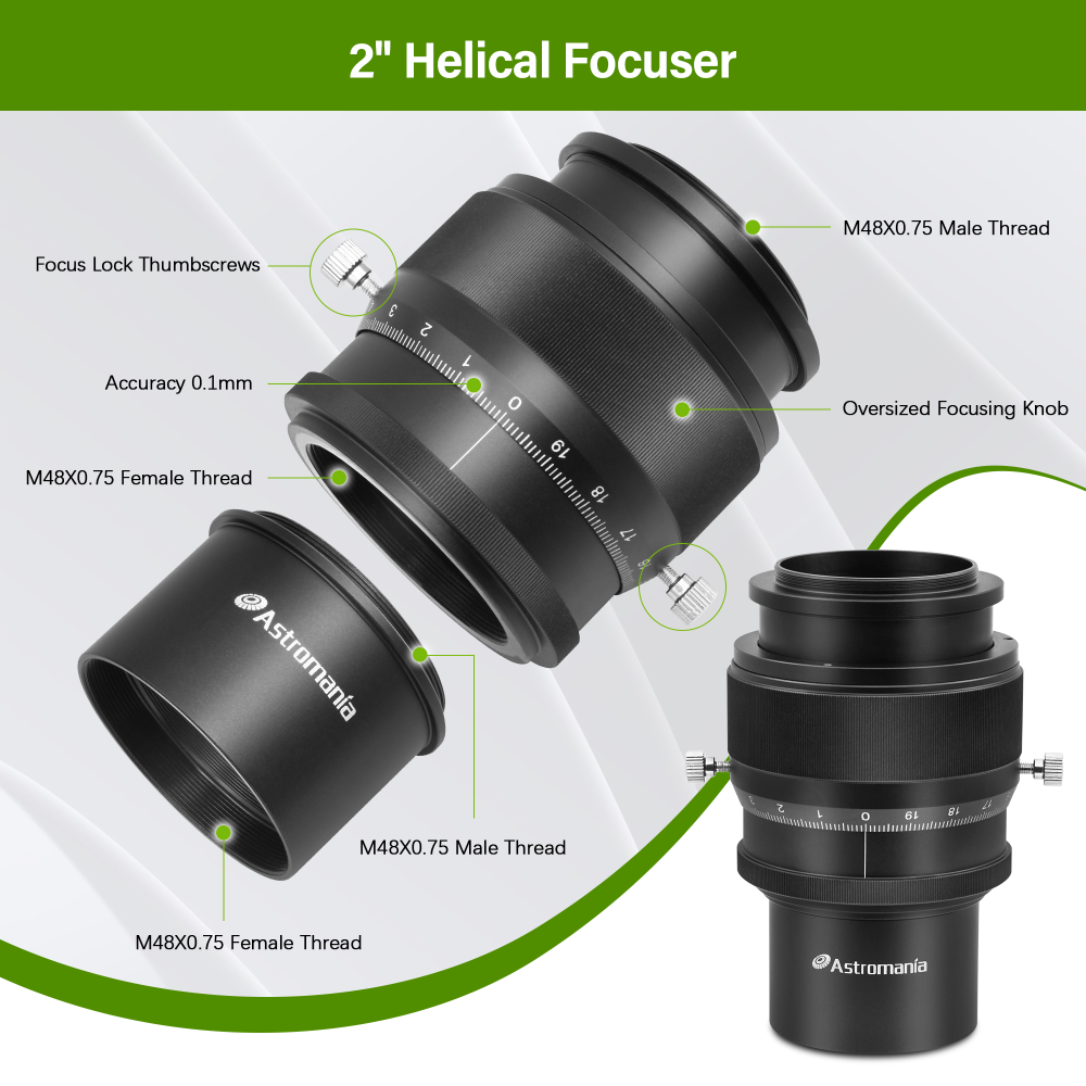 Astromania 2" Helical Micro Focuser with M48-thread and 0.1mm Scale for Telescope - sharper planets in any telescope