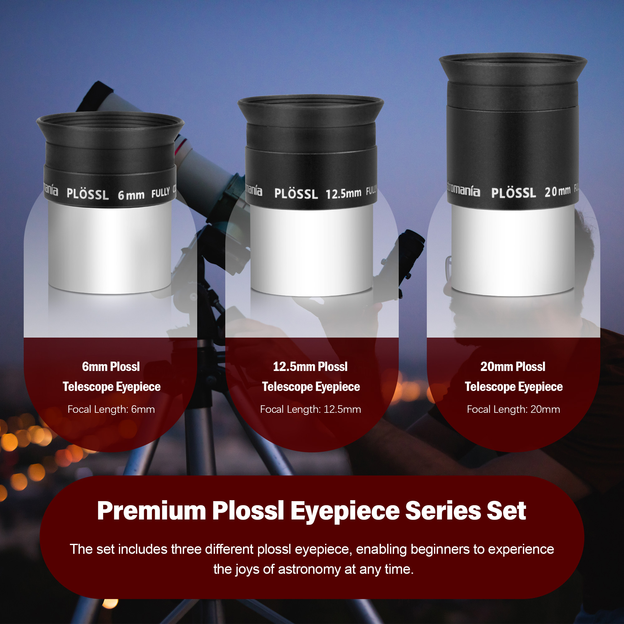 Astromania 1.25-Inch 6mm 12.5mm 20mm Plossl Telescope Eyepiece Set - 4-element Plossl Design - Threaded for Standard 1.25inch Astronomy Filters