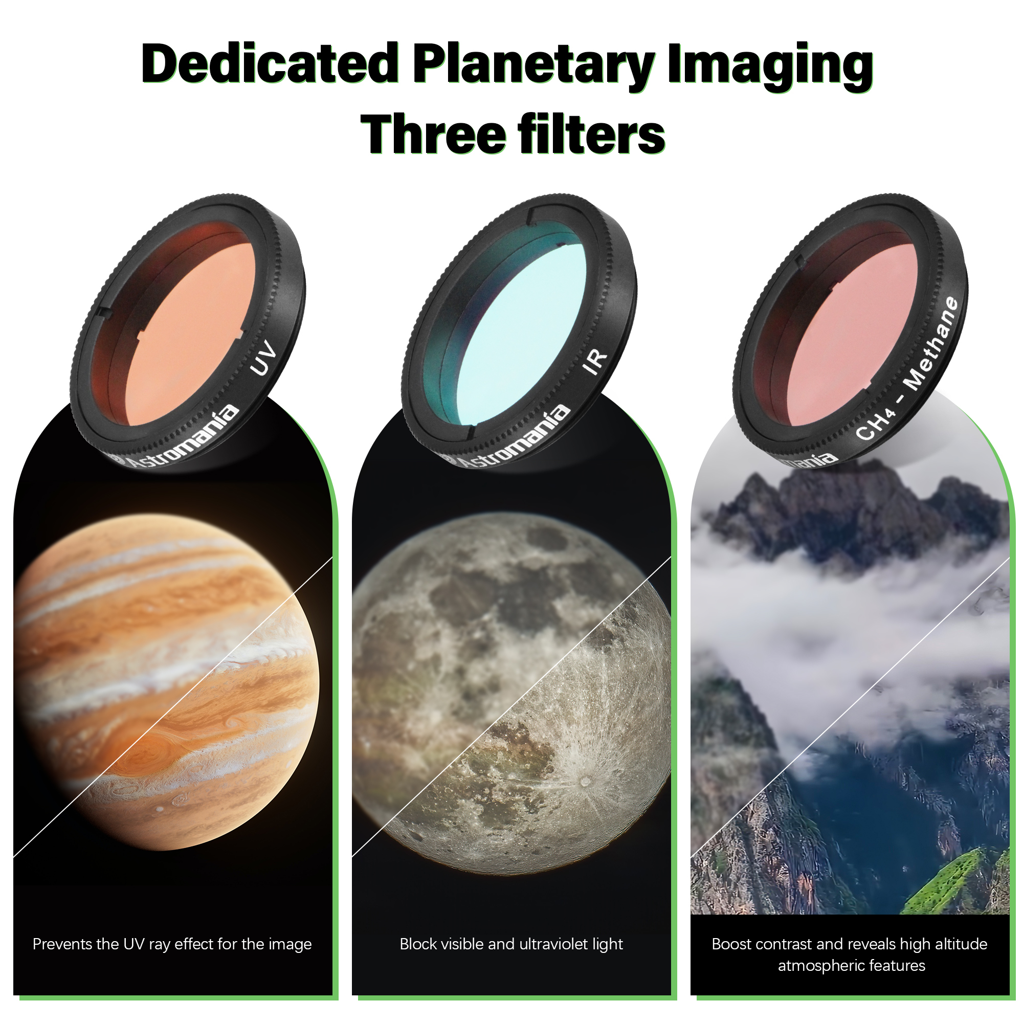 Astromania 1.25-Inch S pecialized Planetary Imaging Filter Set 3-Pieces (Ultraviolet (UV) filter/Methane (CH4) filter/Infrared (IR) filter)