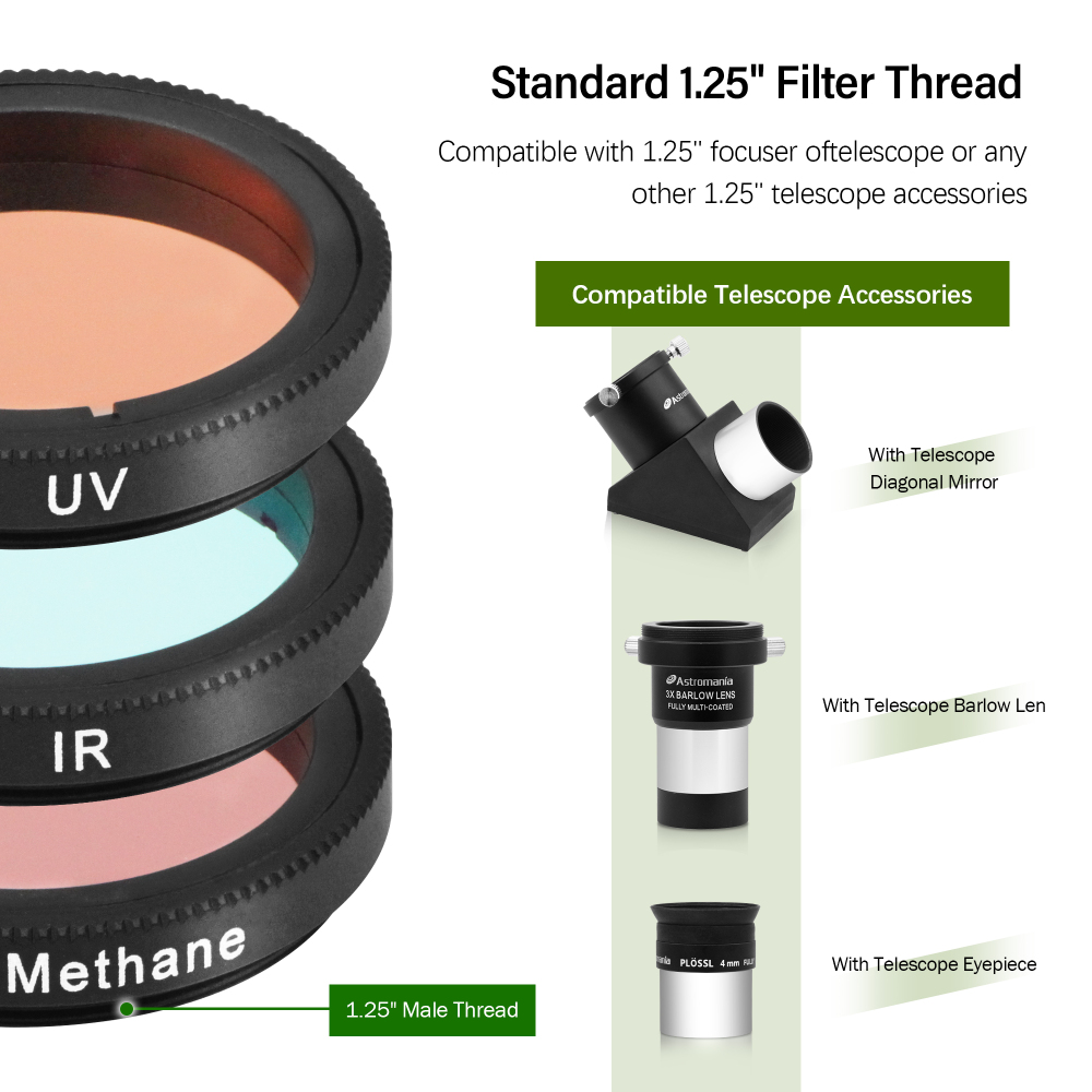 Astromania 1.25-Inch S pecialized Planetary Imaging Filter Set 3-Pieces (Ultraviolet (UV) filter/Methane (CH4) filter/Infrared (IR) filter)