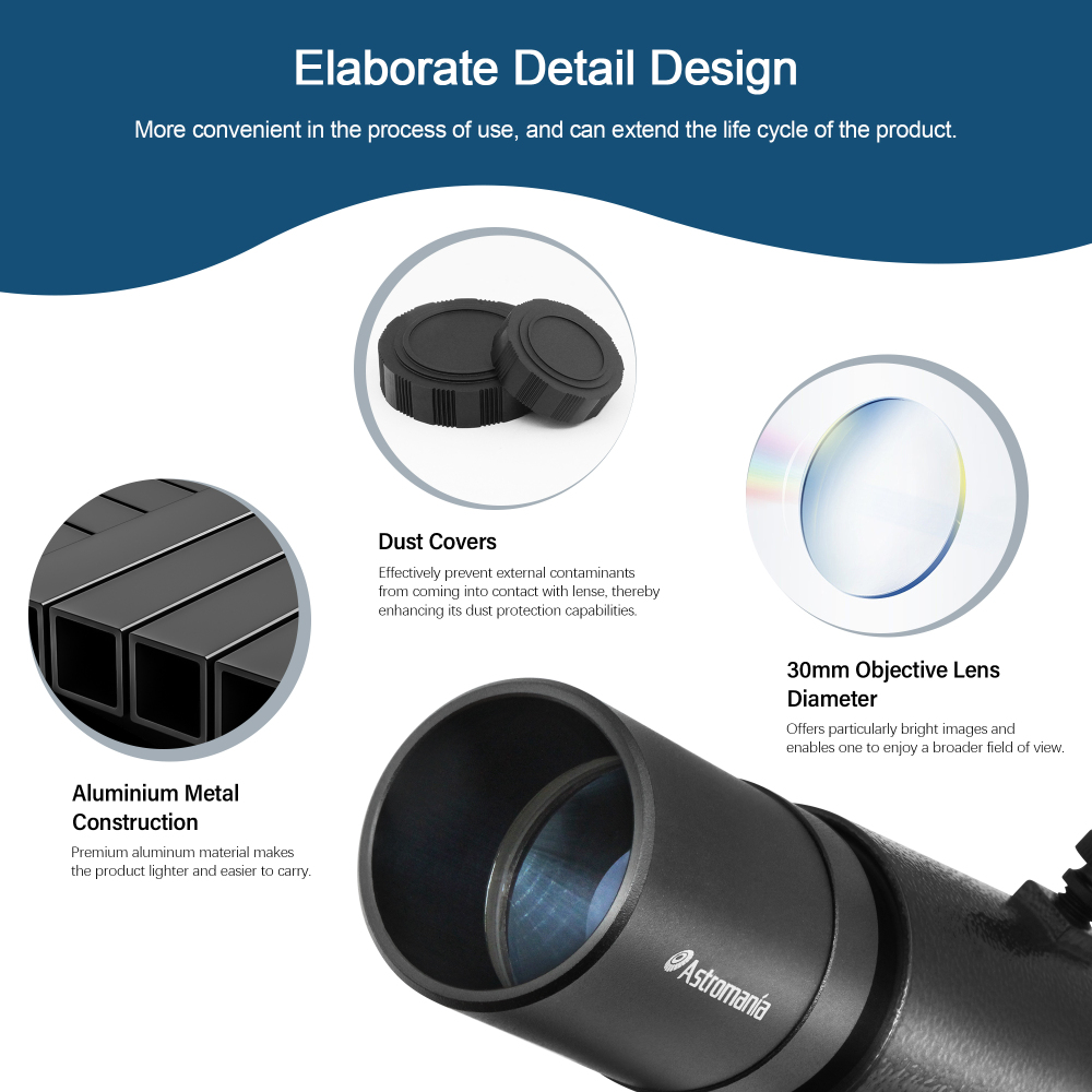Astromania 6x30 Finder Scope, Black - provides an upright, non-reversed image