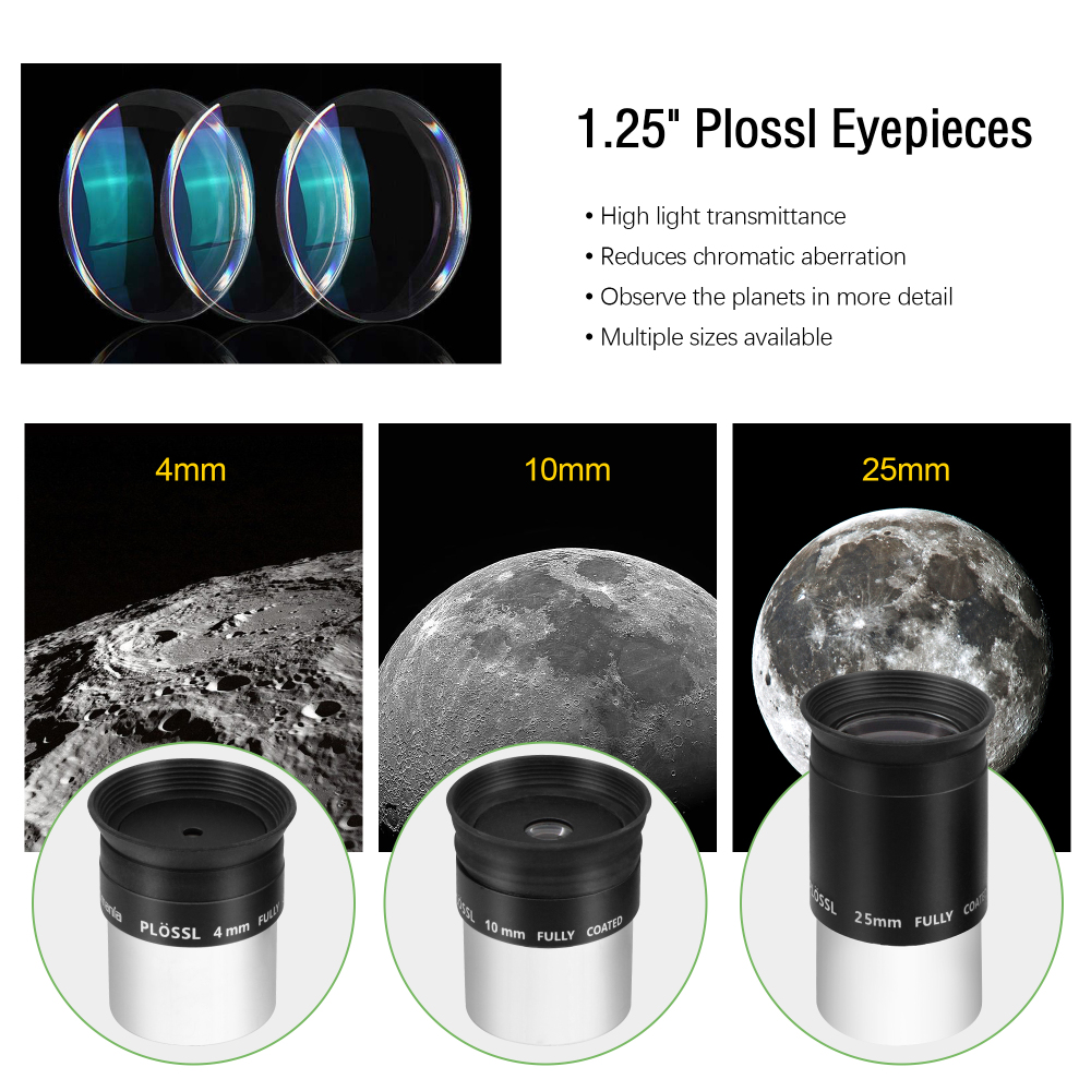 Astromania Multi coated 1.25-Inch Plossl Eyepieces(4mm, 10mm, 25mm) with 2x Barlow Astronomical Telescope Accessory Kit - let you get the most out