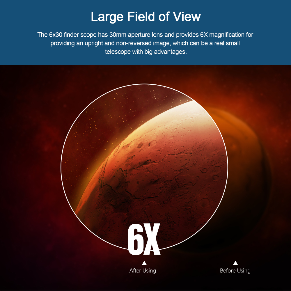 Astromania 6x30 Finder Scope, Black - provides an upright, non-reversed image