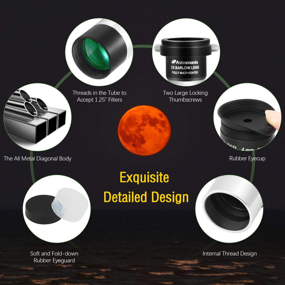 Astromania Multi coated 1.25-Inch Plossl Eyepieces(4mm, 10mm, 25mm) with 2x Barlow Astronomical Telescope Accessory Kit - let you get the most out