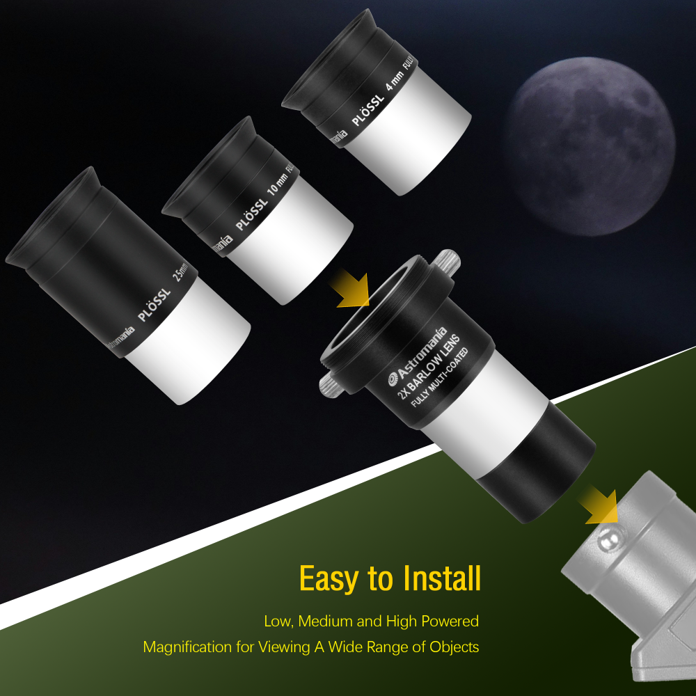 Astromania Multi coated 1.25-Inch Plossl Eyepieces(4mm, 10mm, 25mm) with 2x Barlow Astronomical Telescope Accessory Kit - let you get the most out