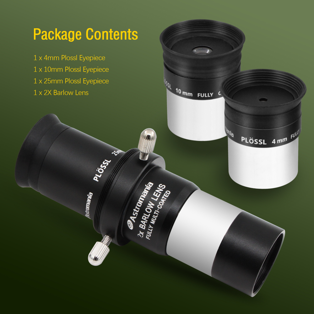 Astromania Multi coated 1.25-Inch Plossl Eyepieces(4mm, 10mm, 25mm) with 2x Barlow Astronomical Telescope Accessory Kit - let you get the most out