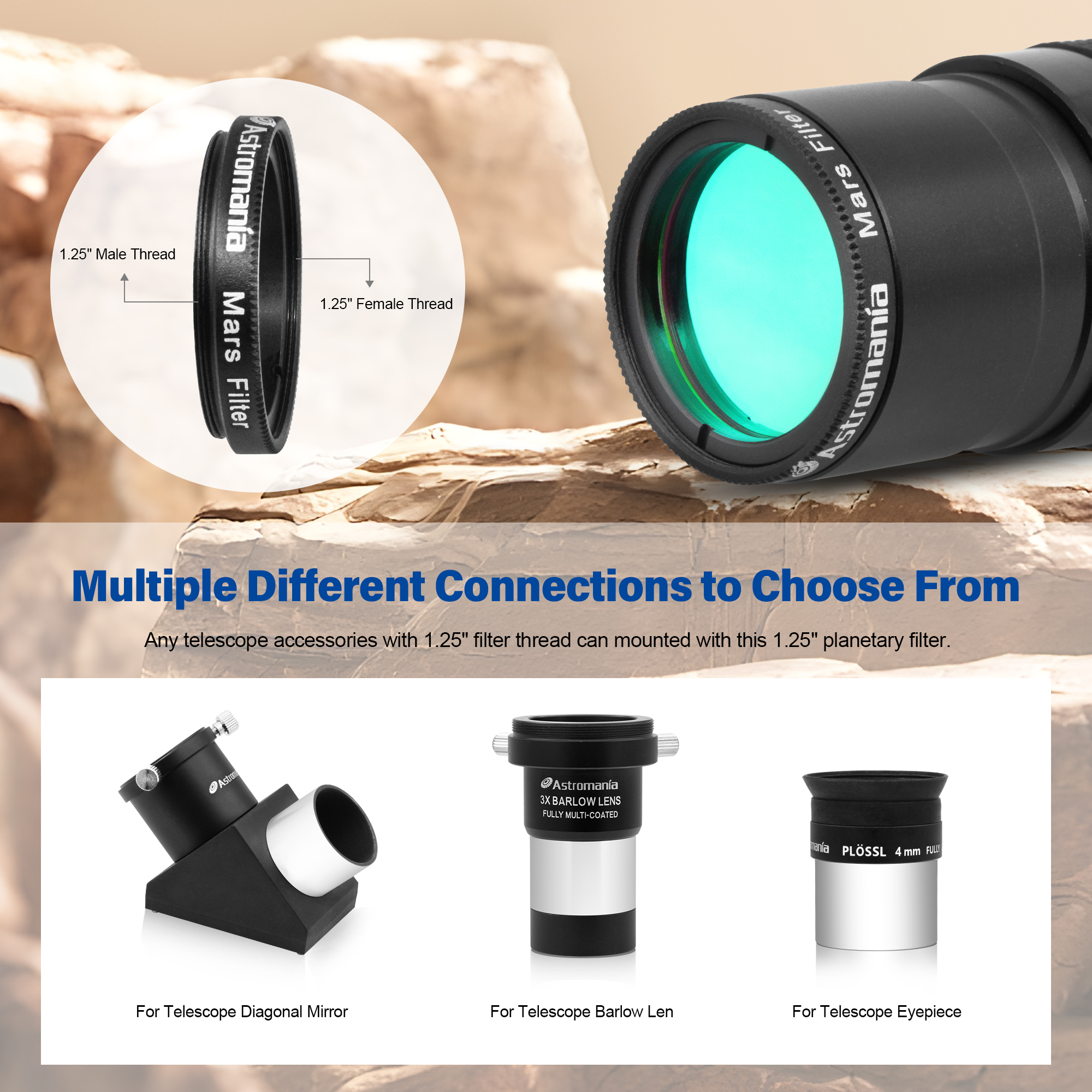 Astromania 1.25" Mars Observing Eyepiece Filter - Prepare for July's Opposition - Designed to ferret out resolution of Martian polar regions, highland