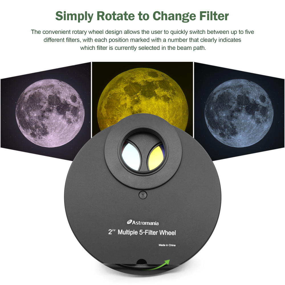 Astromania 2" Superior Quality Multiple 5-Position Filter Wheel For Telescope - allowing you to image without any reflections or stray light