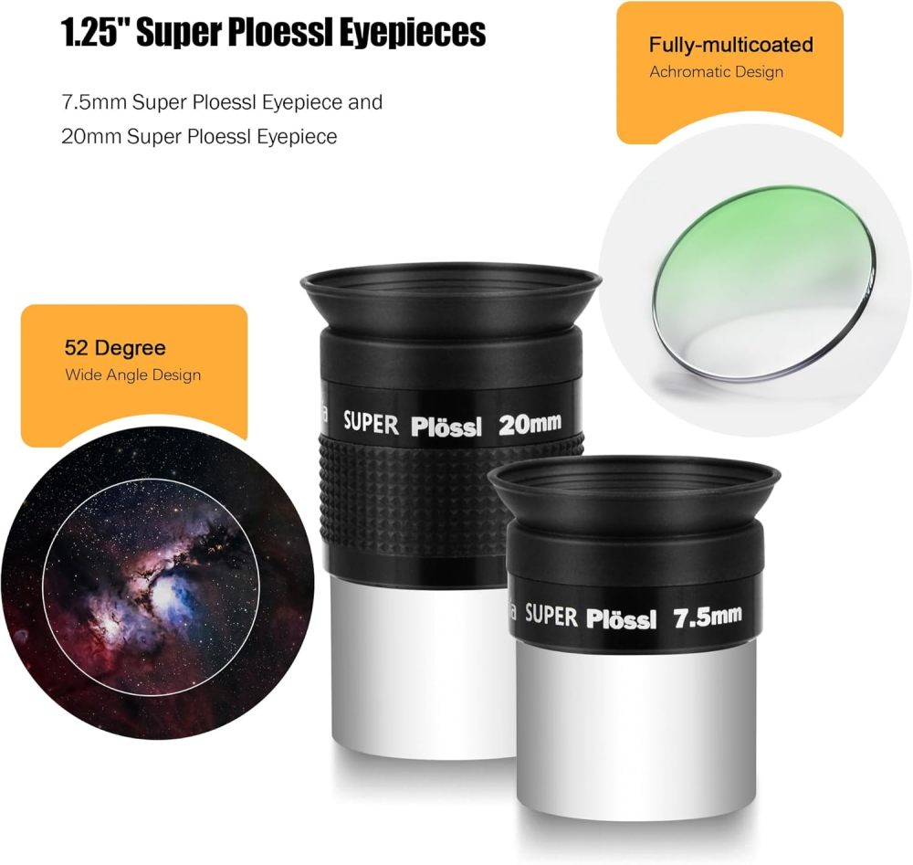 Astromania 1.25" Telescope Eyepiece & Filter Astronomical Kit with 2pcs Plossl Eyepieces, 3pcs Planetary Filters, Moon Filter and 2X Barlow Lens - A Useful Set of Accessories for Newcomer to Astronomy