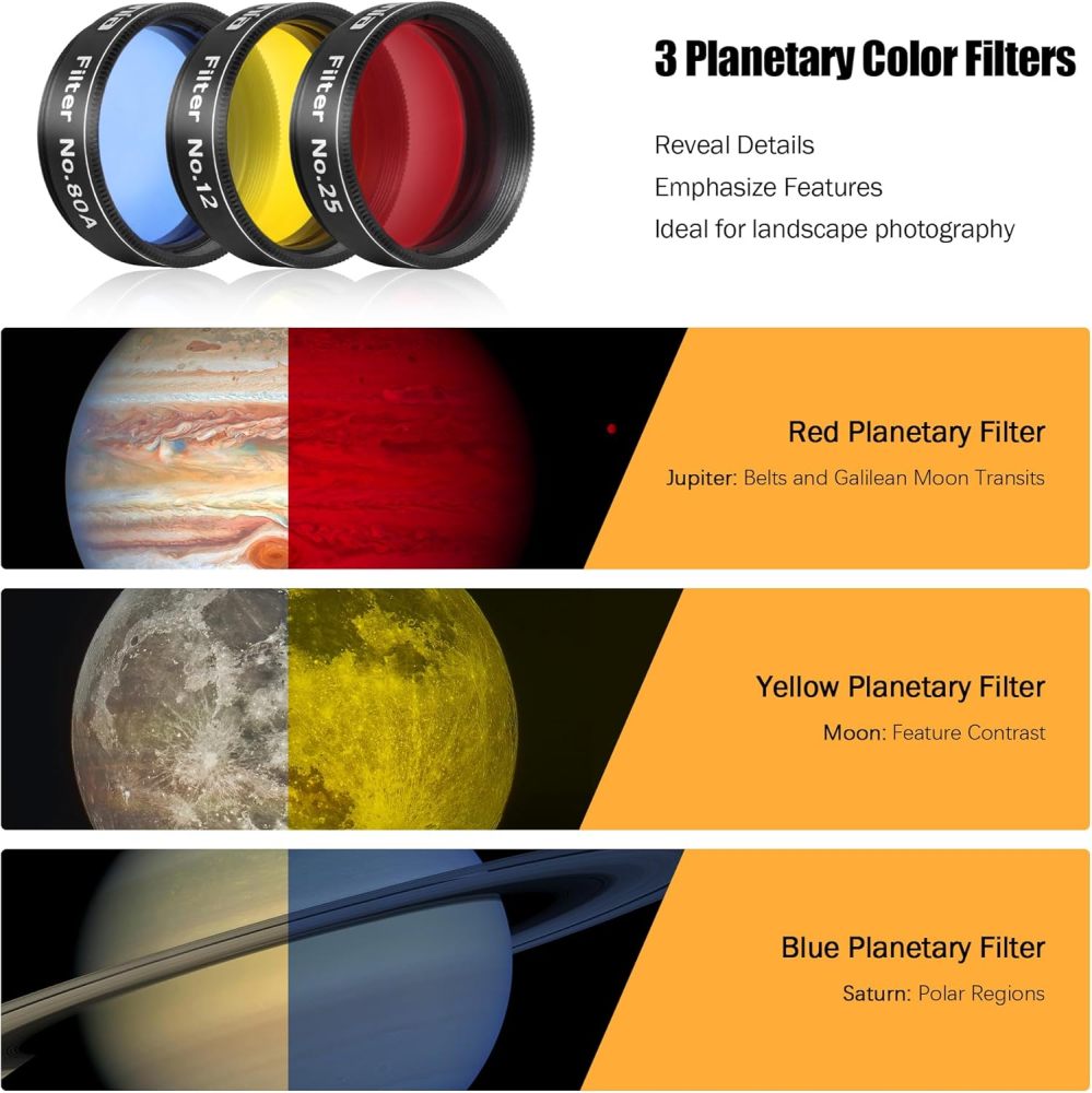 Astromania 1.25" Telescope Eyepiece & Filter Astronomical Kit with 2pcs Plossl Eyepieces, 3pcs Planetary Filters, Moon Filter and 2X Barlow Lens - A Useful Set of Accessories for Newcomer to Astronomy