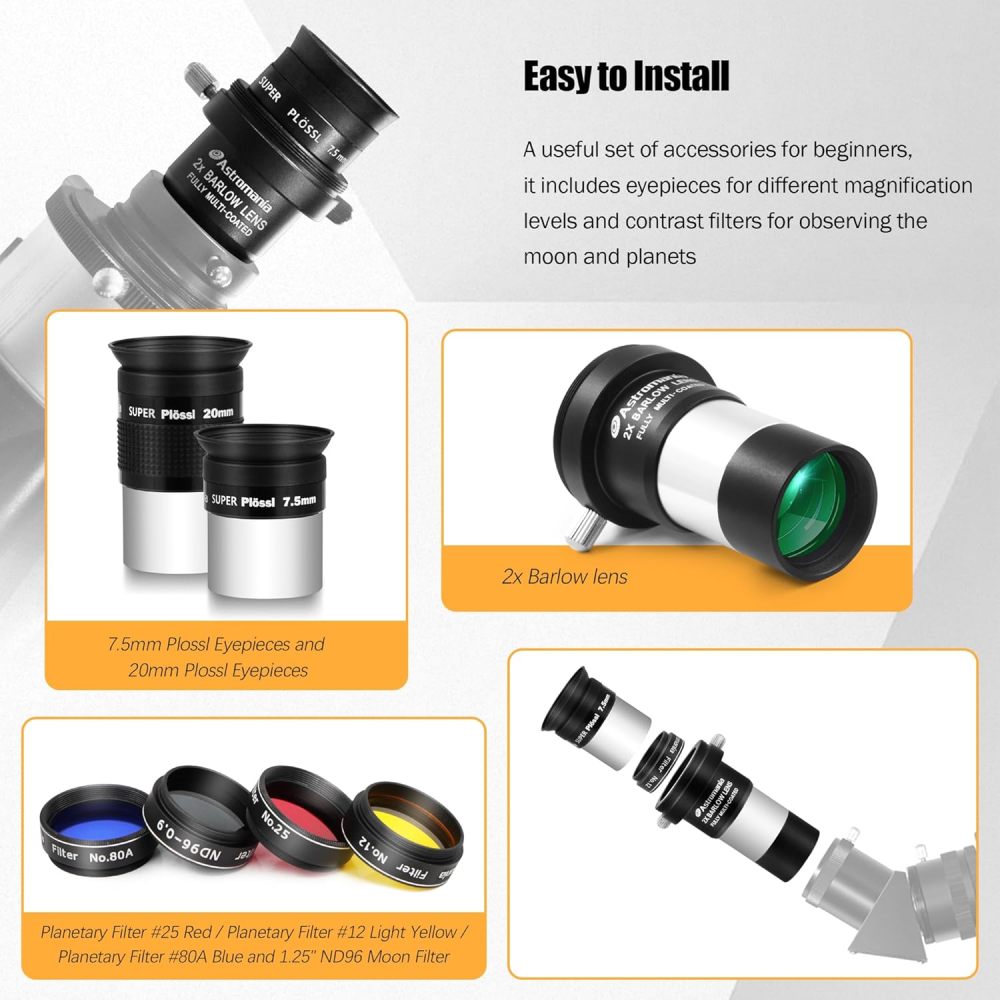 Astromania 1.25" Telescope Eyepiece & Filter Astronomical Kit with 2pcs Plossl Eyepieces, 3pcs Planetary Filters, Moon Filter and 2X Barlow Lens - A Useful Set of Accessories for Newcomer to Astronomy