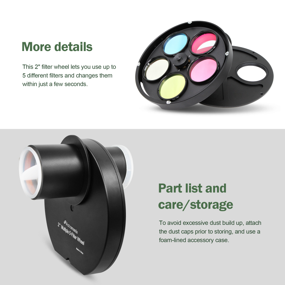 Astromania 2" Superior Quality Multiple 5-Position Filter Wheel For Telescope - allowing you to image without any reflections or stray light