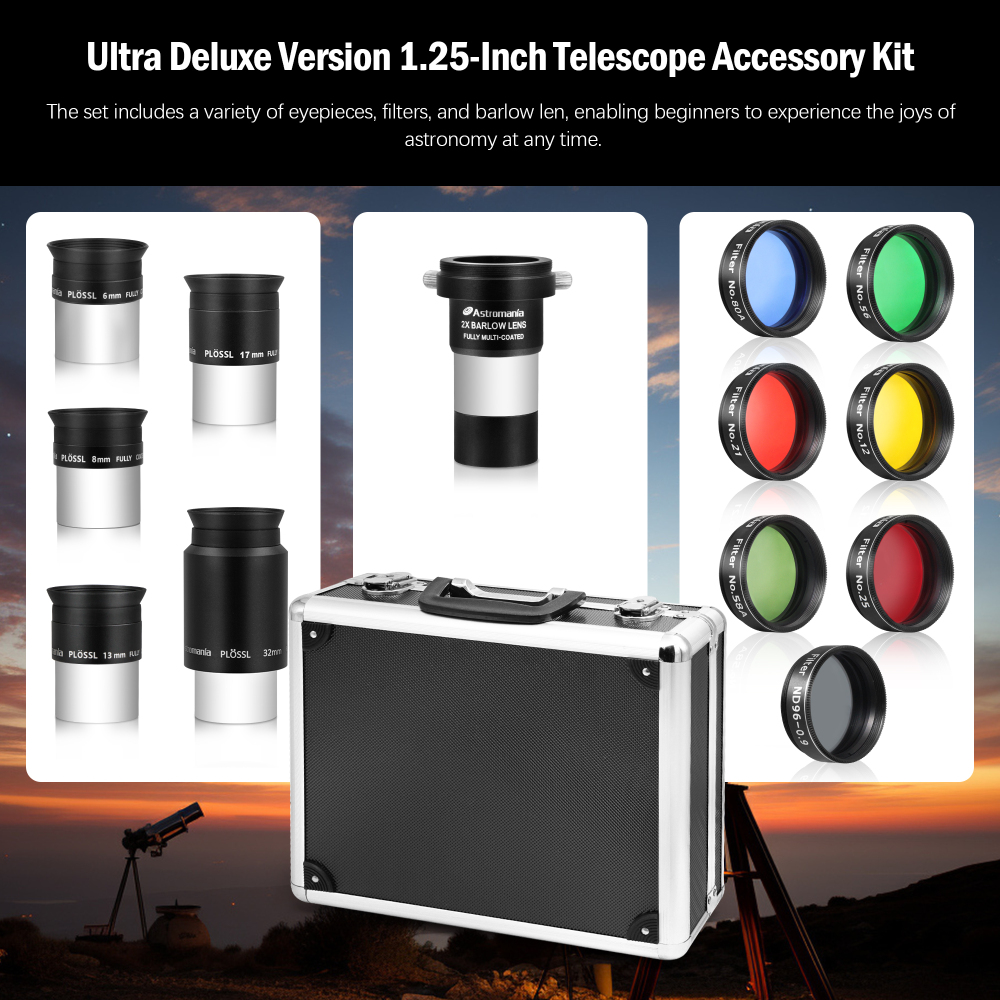 Astromania 1.25" Telescope Eyepiece and Filter Accessory Kit Deluxe Version - with 5pcs Plossl Eyepieces Set, 6pcs Colored Filter Set, Moon Filter, 2X Barlow Lens and Sturdy Carry Case