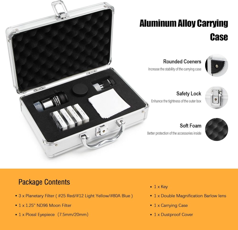 Astromania 1.25" Telescope Eyepiece & Filter Astronomical Kit with 2pcs Plossl Eyepieces, 3pcs Planetary Filters, Moon Filter and 2X Barlow Lens - A Useful Set of Accessories for Newcomer to Astronomy