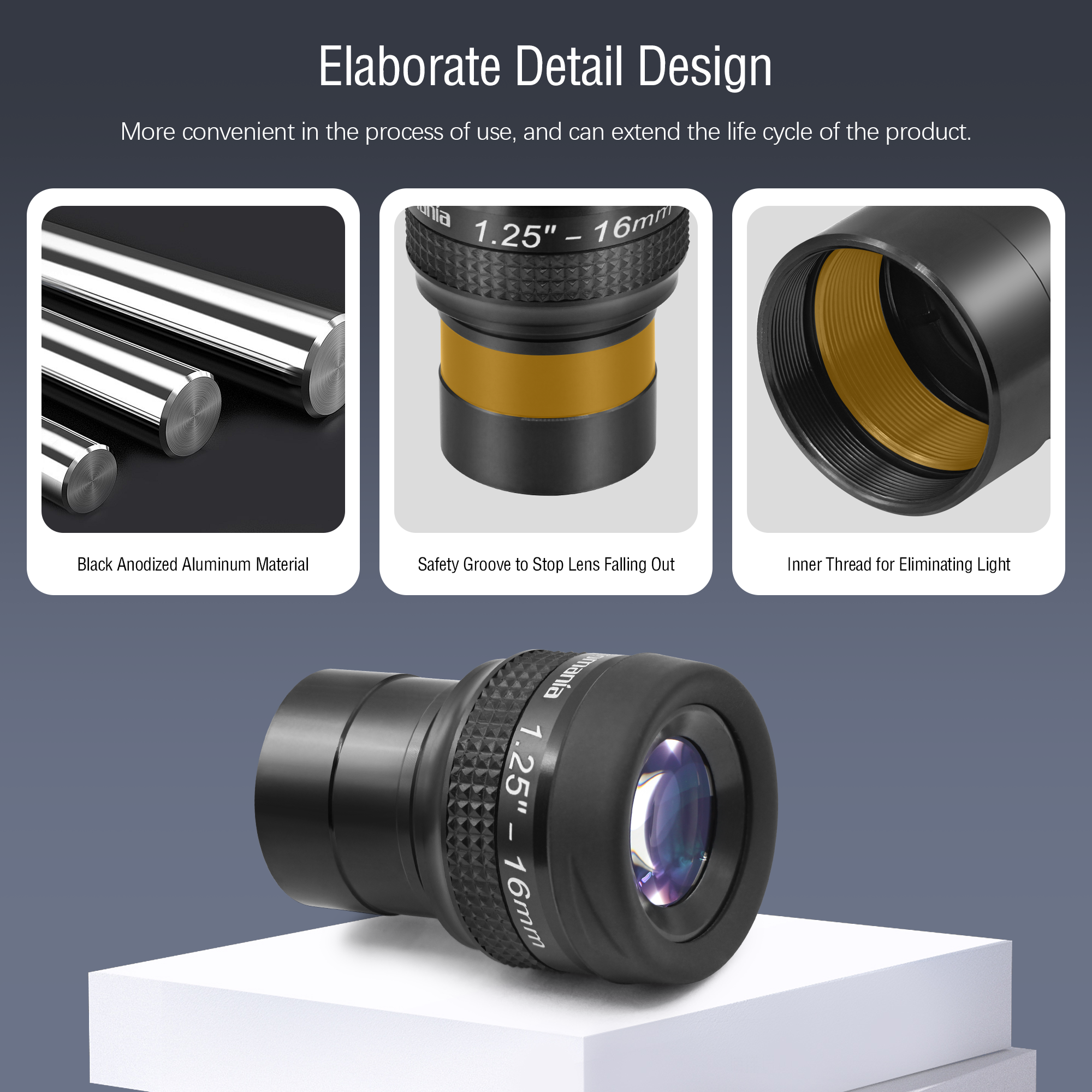 Astromania 1.25" 16mm Premium Flat Field Eyepiece - a flat image field and crystal-clear images