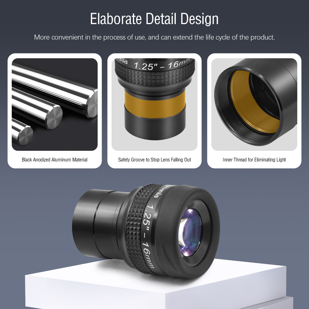 Astromania 1.25" 16mm Premium Flat Field Eyepiece - a flat image field and crystal-clear images