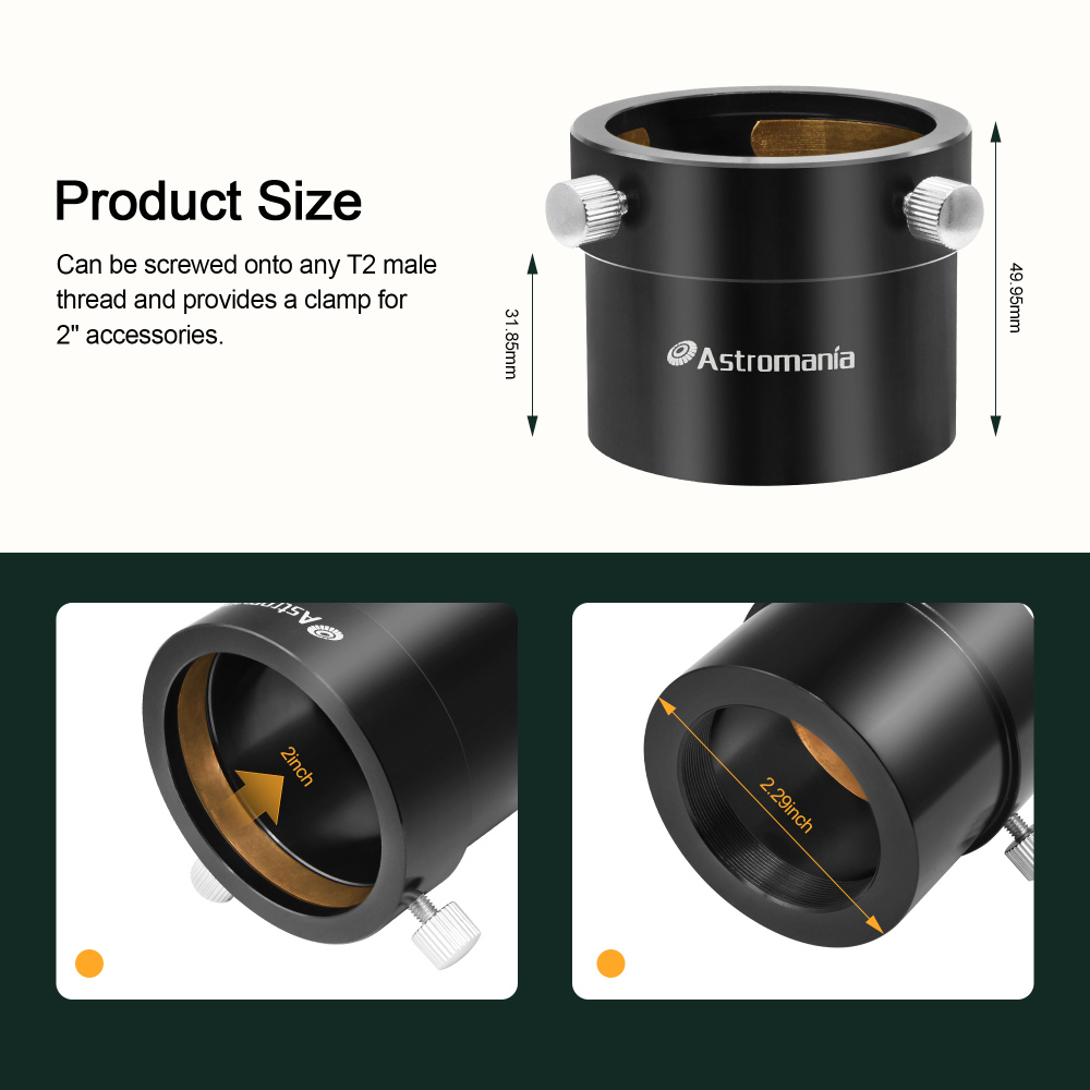 Astromania Adaptor T2 thread to 2" female for telescope - Can be screwed onto any T2 male thread and provides a clamp for 2" accessories