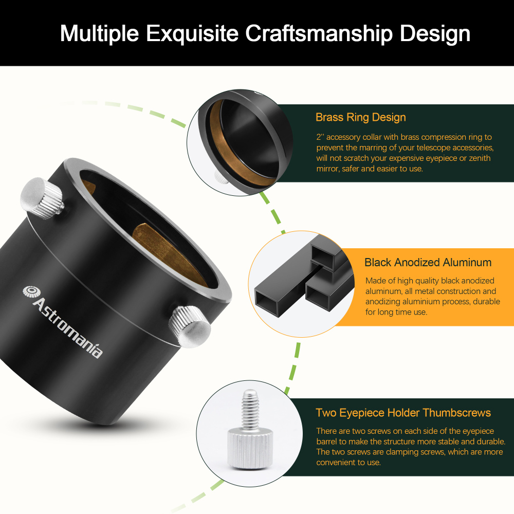Astromania Adaptor T2 thread to 2" female for telescope - Can be screwed onto any T2 male thread and provides a clamp for 2" accessories