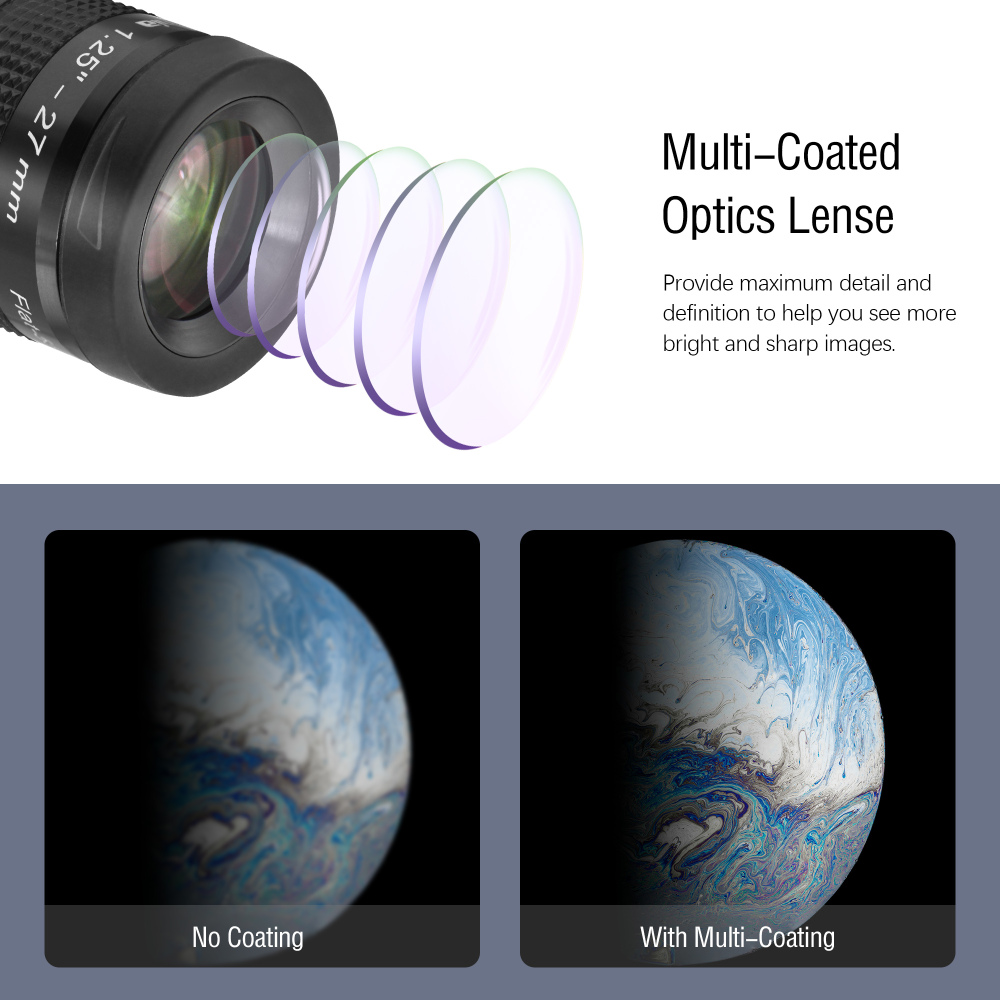Astromania 1.25" 27mm Premium Flat Field Eyepiece - a flat image field and crystal-clear images