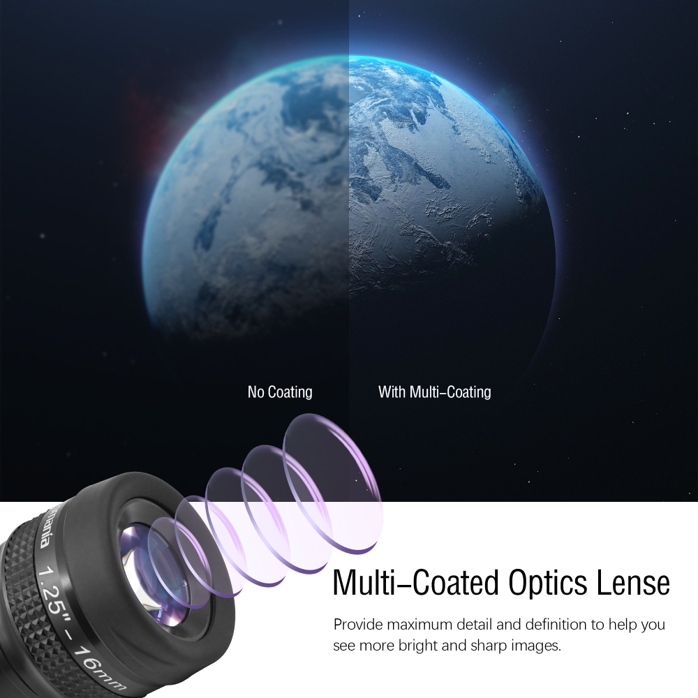 Astromania 1.25" 16mm Premium Flat Field Eyepiece - a flat image field and crystal-clear images