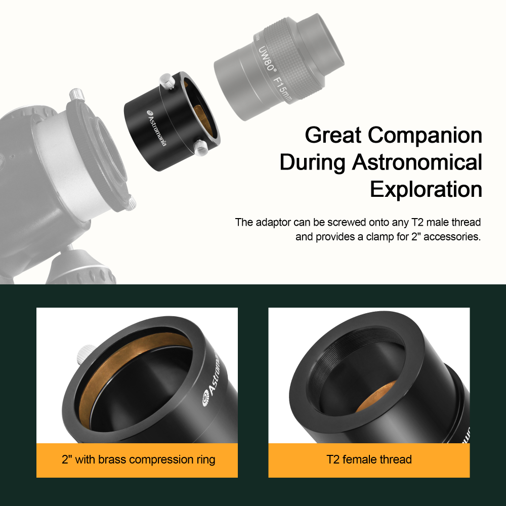 Astromania Adaptor T2 thread to 2" female for telescope - Can be screwed onto any T2 male thread and provides a clamp for 2" accessories