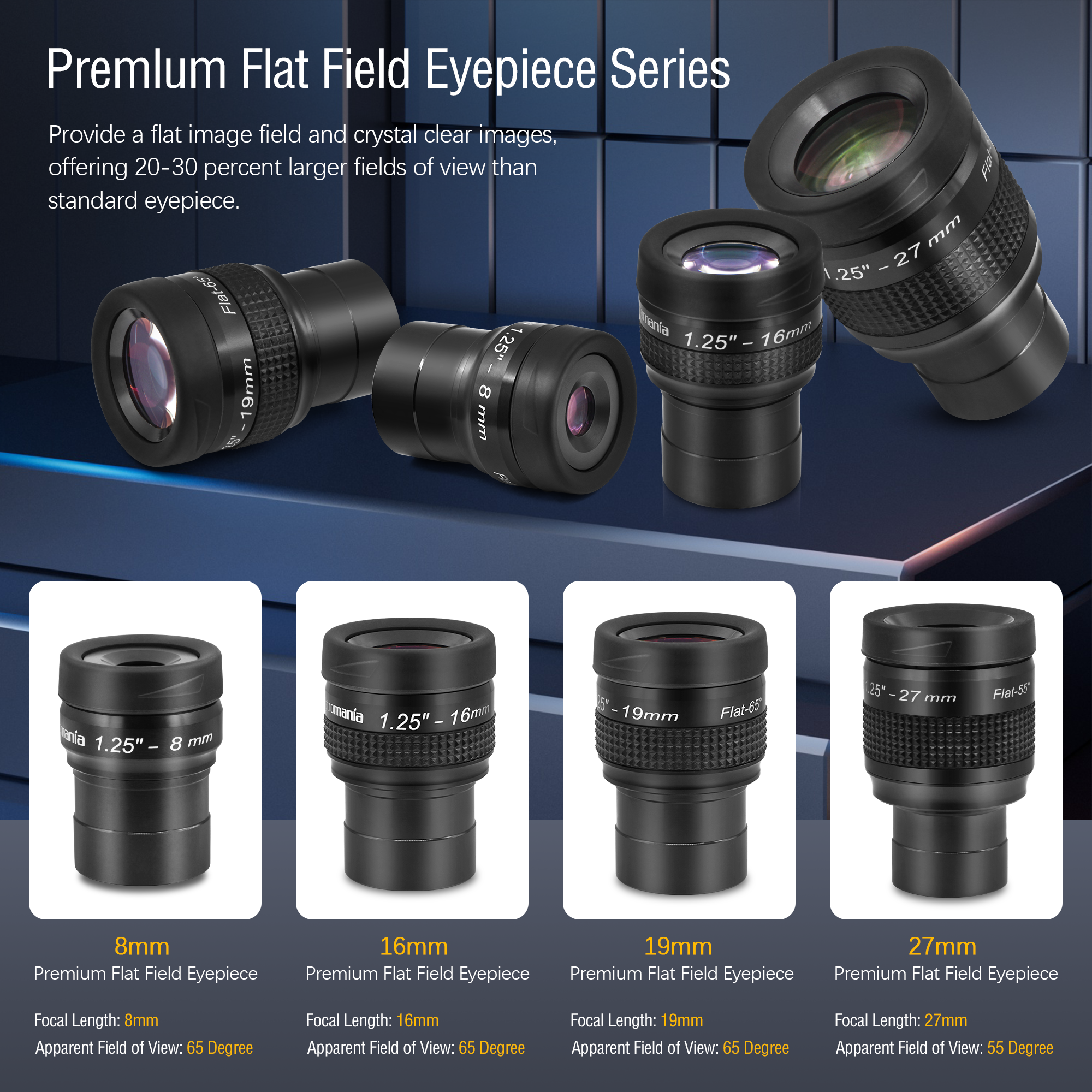 Astromania 1.25" 19mm Premium Flat Field Eyepiece - a flat image field and crystal-clear images