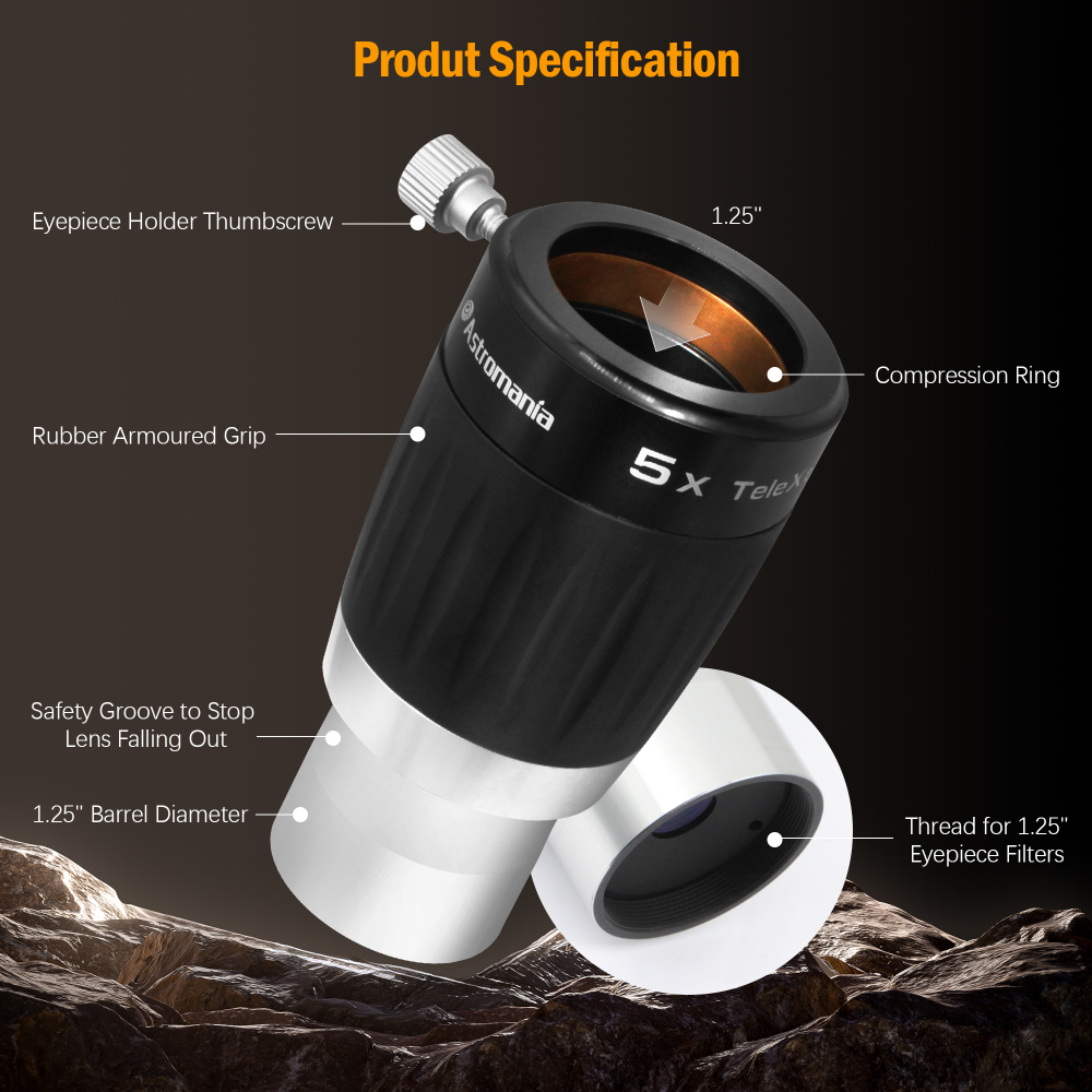 Astromania 1.25" 4-Elements 5x TeleXtender Premium Barlow Lens - apochromatic Barlow lens giving an excellent image