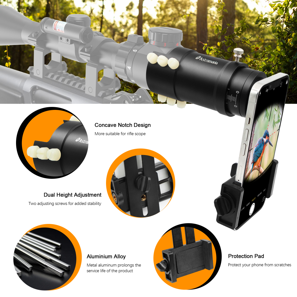 Astromania Rifle Scope Mount Camera Adapter - Phone Scope Adapter for Hunting Teaching & Bird Watching- Premium Aluminum, Featuring a 360-degree Angle Adjustment Smartphone Holder with Extension Tube