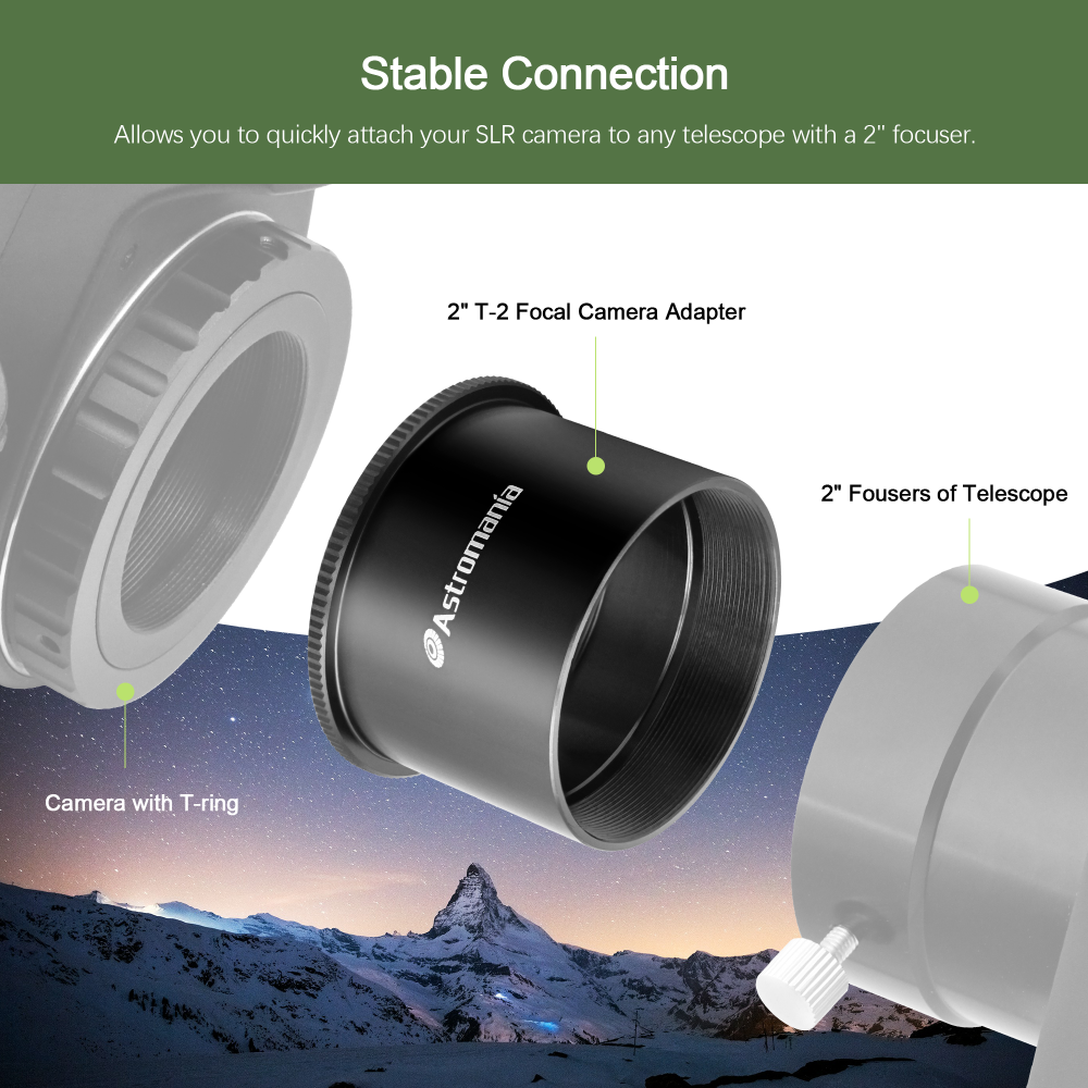 Astromania 2" T-2 Focal camera adapter for SLR cameras - simply attach your camera to the telescope