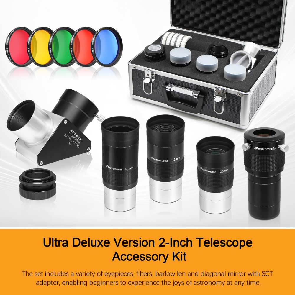 Astromania 2" Telescope Eyepiece and Filter Accessory Kit Deluxe Version - with 3pcs Kellner Eyepieces Set, 5pcs Colored Filter Set, ED 2x Barlow Lens, 2" SCT 90° Mirror Diagonal and Sturdy Carry Case