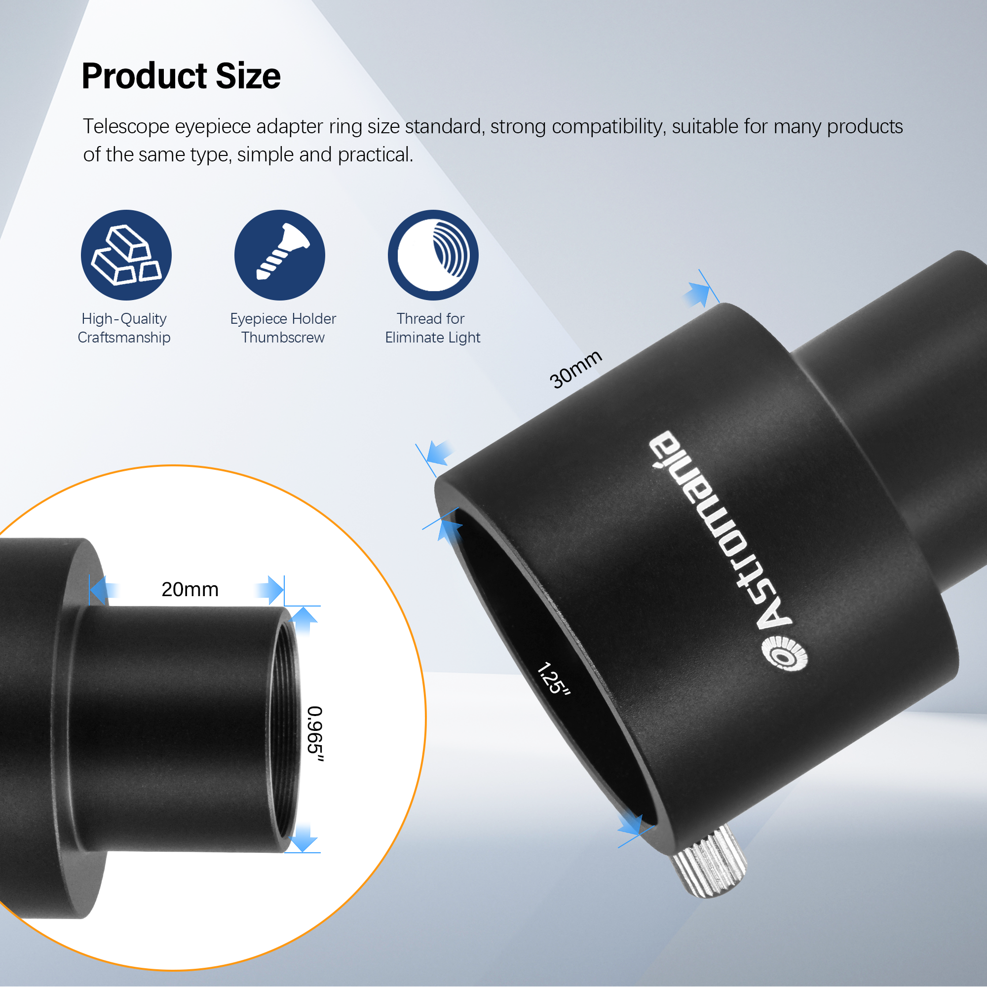 Astromania 0.965" to 1.25" Adapter - Allow you use 1.25" accessories on 0.965" telescope!