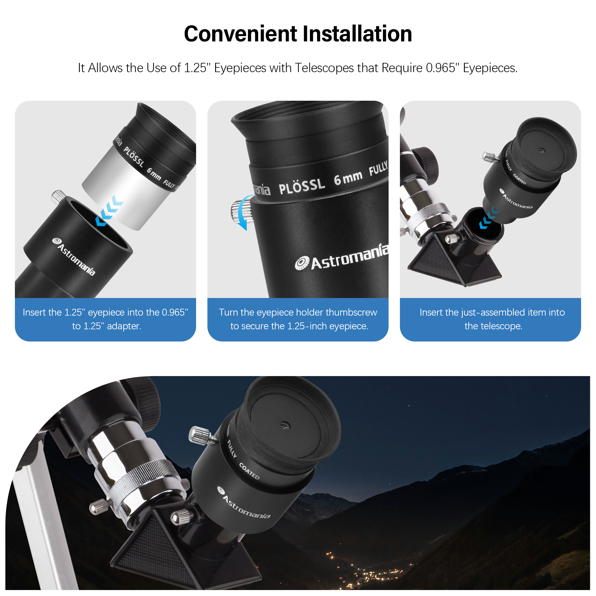 Astromania 0.965" to 1.25" Adapter - Allow you use 1.25" accessories on 0.965" telescope!