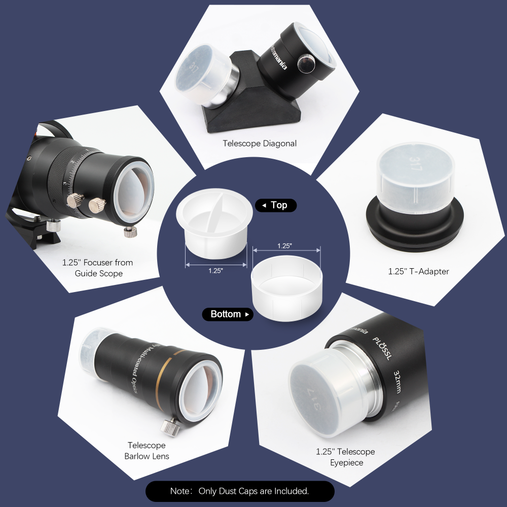 Astromania Dust Caps Set for 1.25" Telescope Eyepieces or Other Accessories - 5 dust caps and 5 dust plugs, Brand New