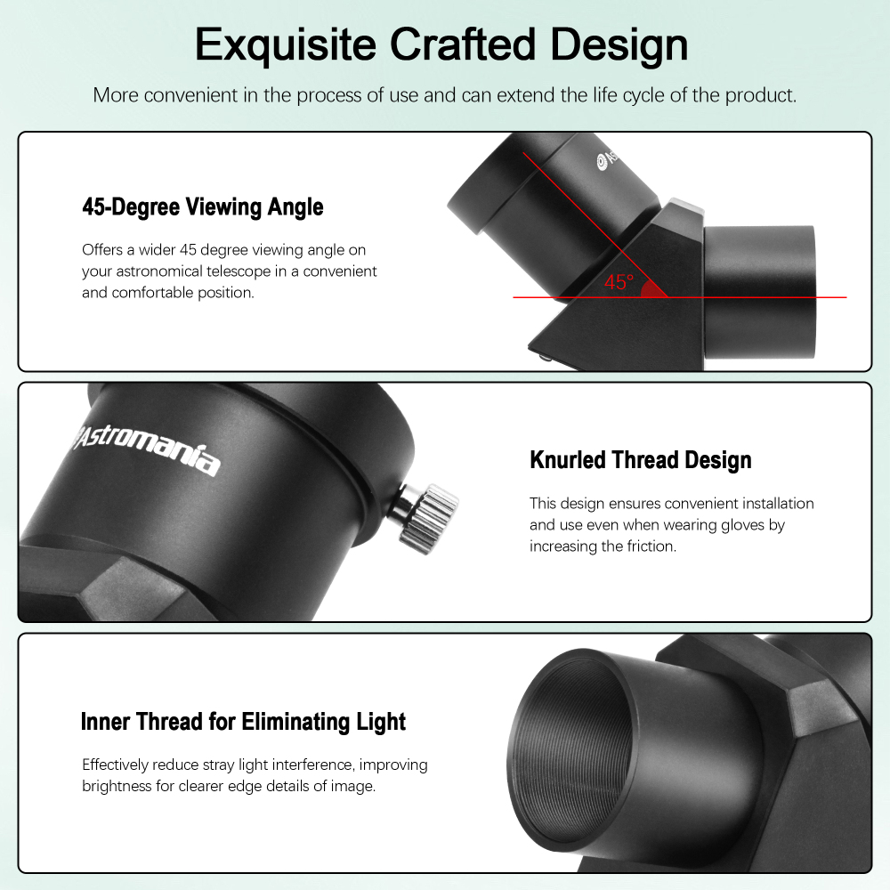 Astromania 1.25" 45-degree Diagonal Prism optical Prism inside rather than a mirror which makes your image clear and sharp
