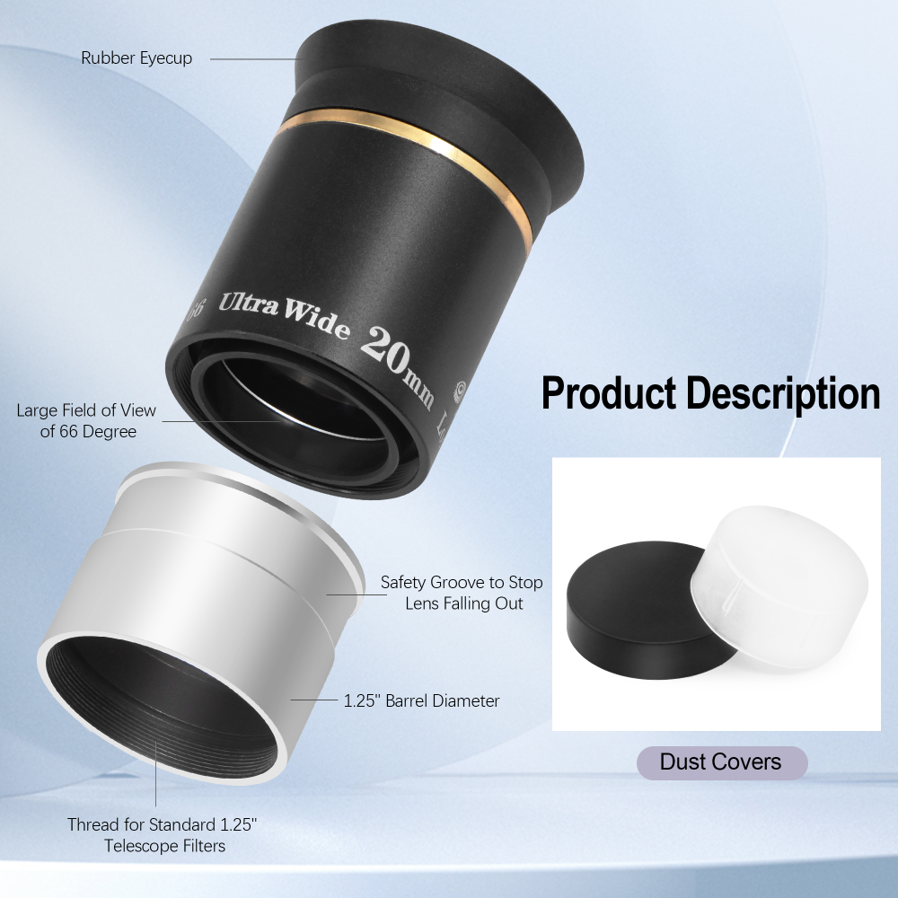 Astromania Telescope Eyepiece 1.25 inch HD Fully Multi Coated Telescope Accessory, 66 Degree Ultra Wide Angle Eyepiece for Astronomy Telescope, Long Eye Relief HD 20mm Wide Angle Telescope Eyepiece