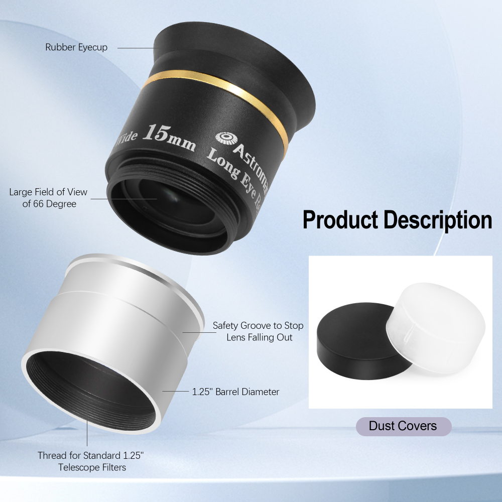 Astromania Telescope Eyepiece 1.25 inch HD Fully Multi Coated Telescope Accessory, 66 Degree Ultra Wide Angle Eyepiece for Astronomy Telescope, Long Eye Relief HD 15mm Wide Angle Telescope Eyepiece