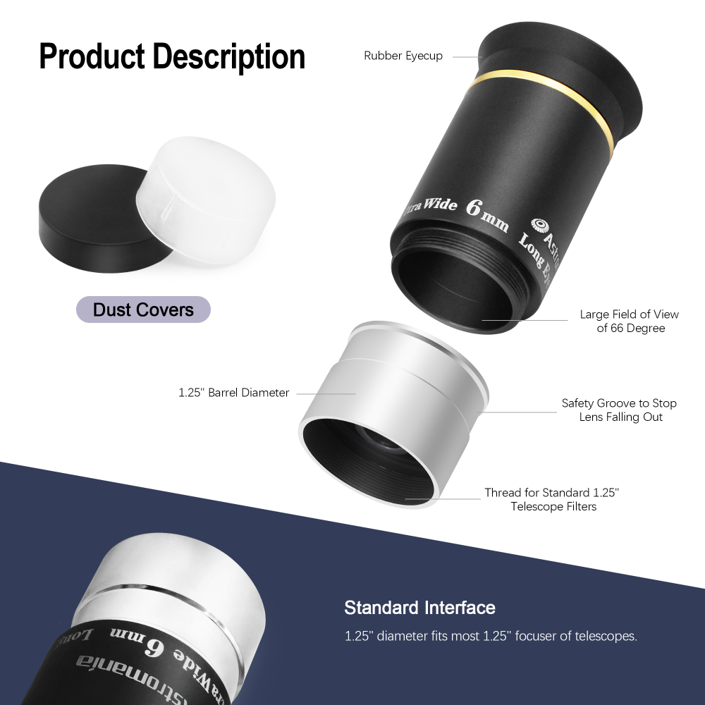 Astromania Telescope Eyepiece 1.25 inch HD Fully Multi Coated Telescope Accessory, 66 Degree Ultra Wide Angle Eyepiece for Astronomy Telescope, Long Eye Relief HD 6mm Wide Angle Telescope Eyepiece