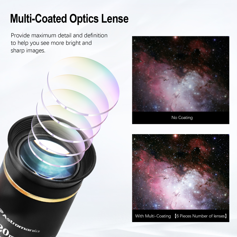 Astromania Telescope Eyepiece 1.25 inch HD Fully Multi Coated Telescope Accessory, 66 Degree Ultra Wide Angle Eyepiece for Astronomy Telescope, Long Eye Relief HD 20mm Wide Angle Telescope Eyepiece