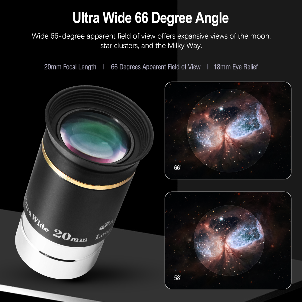 Astromania Telescope Eyepiece 1.25 inch HD Fully Multi Coated Telescope Accessory, 66 Degree Ultra Wide Angle Eyepiece for Astronomy Telescope, Long Eye Relief HD 20mm Wide Angle Telescope Eyepiece