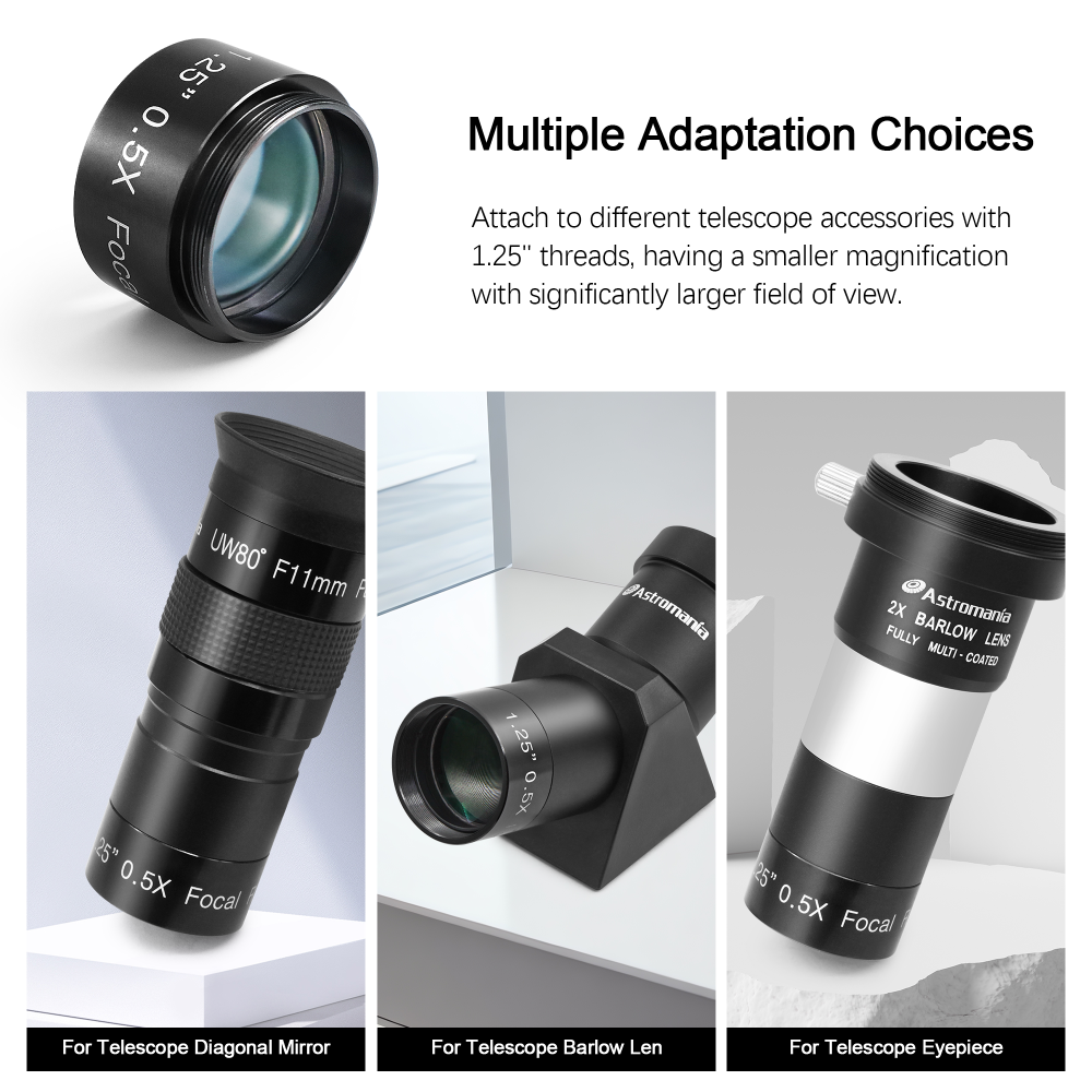 Astromania 0.5X Reducer for Photography And Observing - 1.25" Filter Thread (28.5x0.75MM) on Both Sides - Reduces The Focal Length for Visual