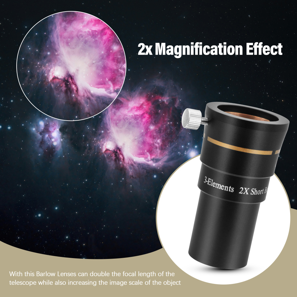 Astromania Telescope Barlow Lens 2x with 3-Elements Multi Coated Lens - 1.25 Inch Fully Metal Telescope Accessory for Astronomy & Astrophotography