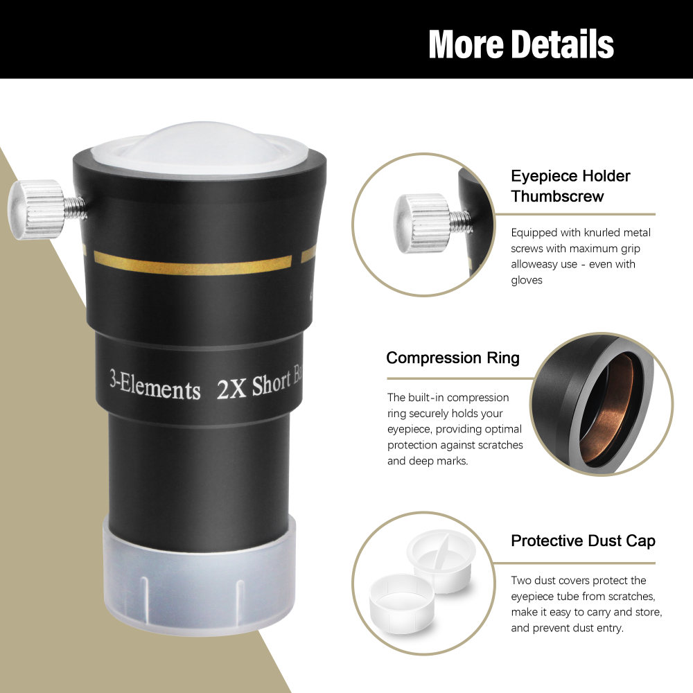 Astromania Telescope Barlow Lens 2x with 3-Elements Multi Coated Lens - 1.25 Inch Fully Metal Telescope Accessory for Astronomy & Astrophotography