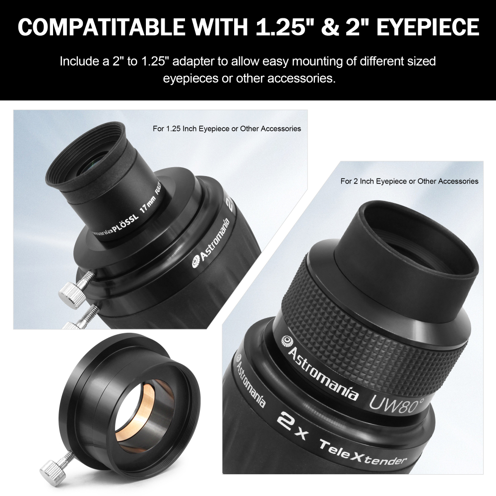 Astromania 2X Barlow Lens for Telescope, 2 Inch 4 Element Fully Multi-Coated Metal High Power Premium Barlow Lens - Internal Brass Ring to Use of Both 1.25 Inch and 2 Inch Telescope Eyepiece