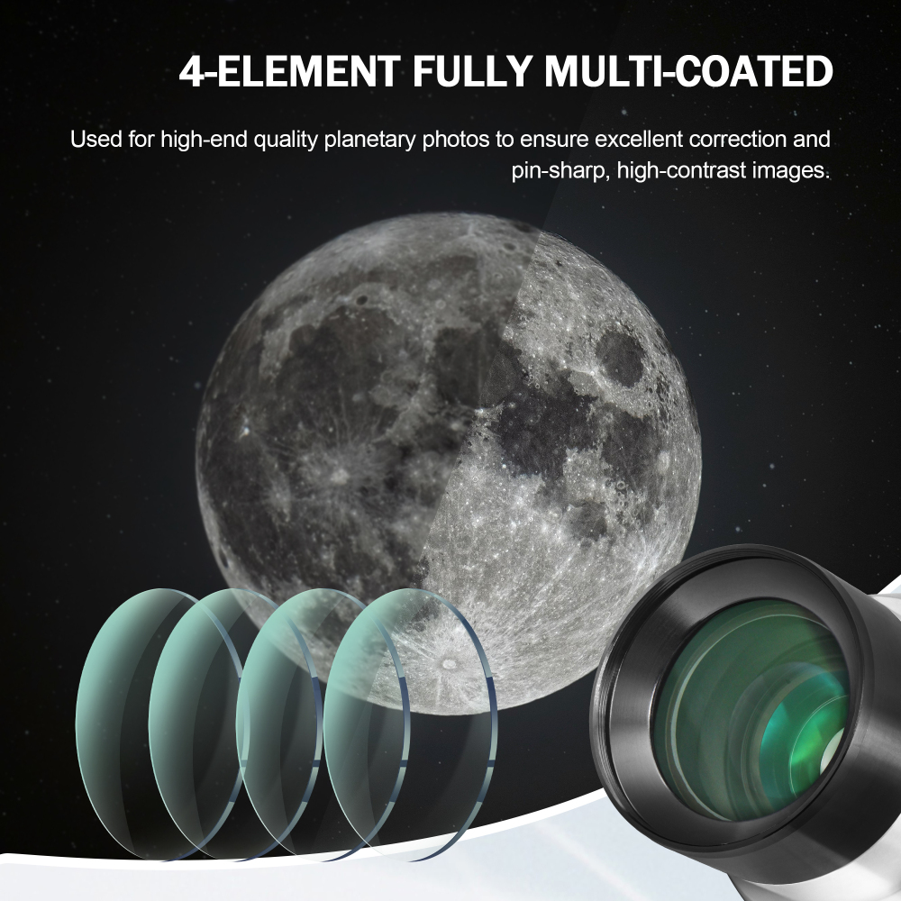 Astromania 2X Barlow Lens for Telescope, 2 Inch 4 Element Fully Multi-Coated Metal High Power Premium Barlow Lens - Internal Brass Ring to Use of Both 1.25 Inch and 2 Inch Telescope Eyepiece