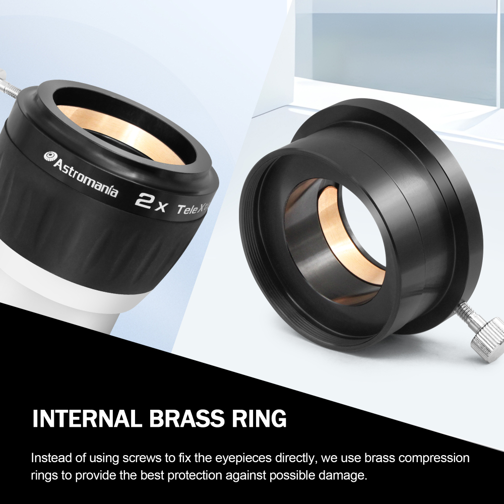 Astromania 2X Barlow Lens for Telescope, 2 Inch 4 Element Fully Multi-Coated Metal High Power Premium Barlow Lens - Internal Brass Ring to Use of Both 1.25 Inch and 2 Inch Telescope Eyepiece