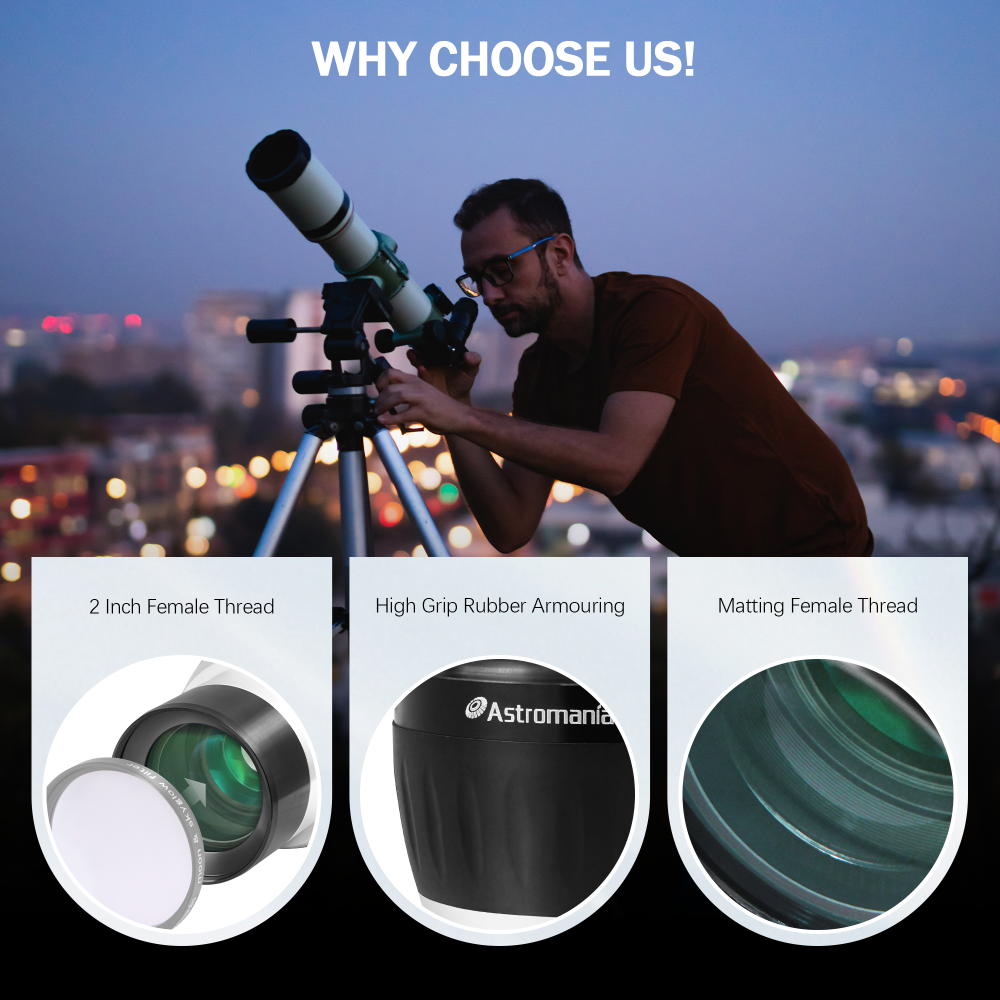 Astromania 2X Barlow Lens for Telescope, 2 Inch 4 Element Fully Multi-Coated Metal High Power Premium Barlow Lens - Internal Brass Ring to Use of Both 1.25 Inch and 2 Inch Telescope Eyepiece