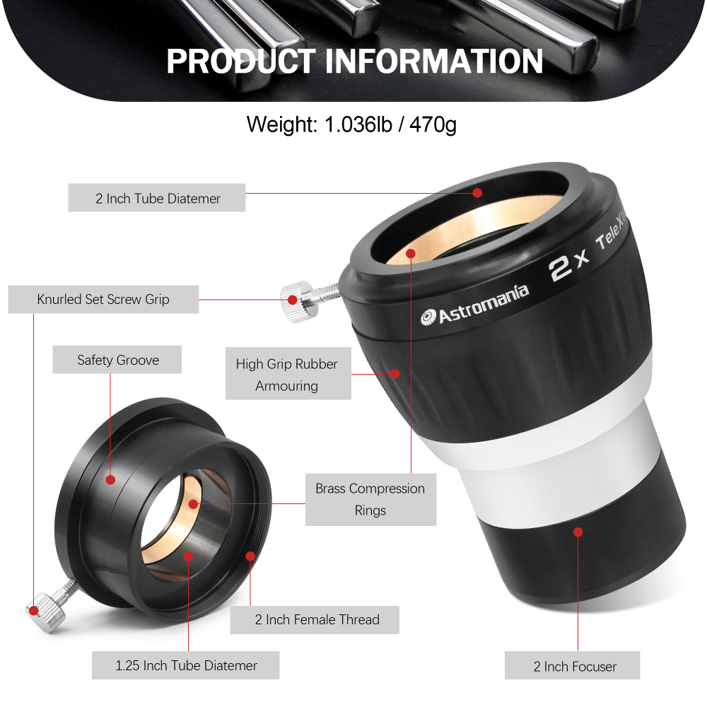Astromania 2X Barlow Lens for Telescope, 2 Inch 4 Element Fully Multi-Coated Metal High Power Premium Barlow Lens - Internal Brass Ring to Use of Both 1.25 Inch and 2 Inch Telescope Eyepiece