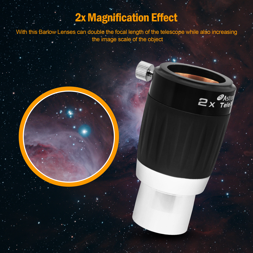Astromania Barlow Lens 2X 1.25 Inch - 3-Elements Multi-Coated Metal TeleXtender for Telescope - Premium Apochromatic Design Telescope Accessories for Astronomical Photography