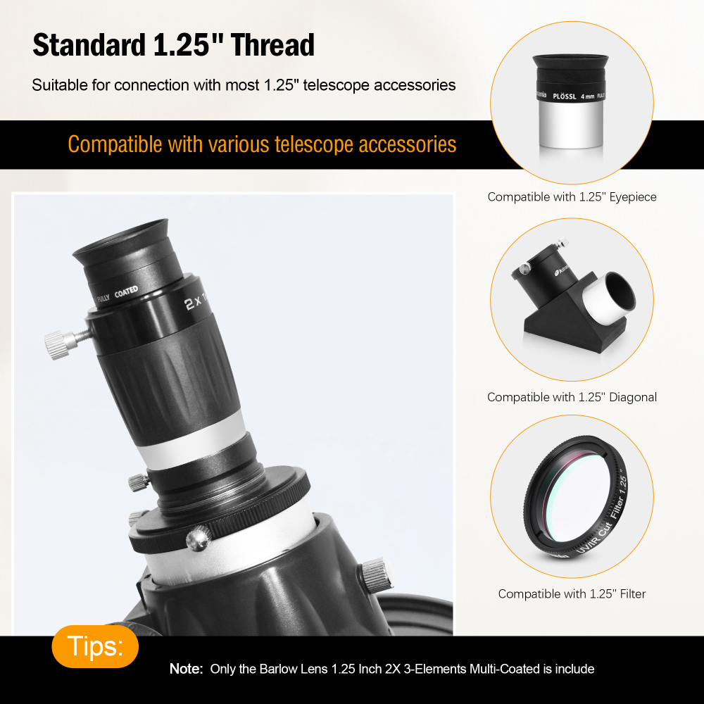 Astromania Barlow Lens 2X 1.25 Inch - 3-Elements Multi-Coated Metal TeleXtender for Telescope - Premium Apochromatic Design Telescope Accessories for Astronomical Photography