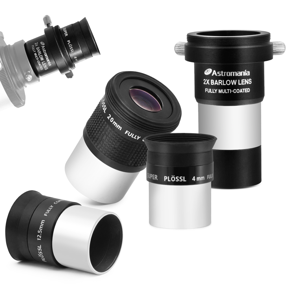 Astromania Telescope Accessory Kit with 1.25 Inch Telescope Eyepiece Set 4mm 12.5mm 20mm 52 Degree Super Plossl Eyepiece Lens and 1.25 Inch 2X Barlow Lens with T Thread Fully Multi Coated Metal